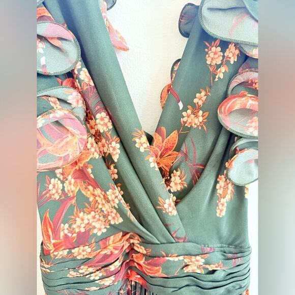 Johanna Ortiz Renaissance Forest Green Floral Print Ruffle Silk Maxi Gown 2 - Picture 8 of 15